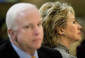 Appearing Sunday on ABC's This Week, senator John McCain tried to qualify his remark from 2005 that Sen. Hillary Clinton would make a good president.