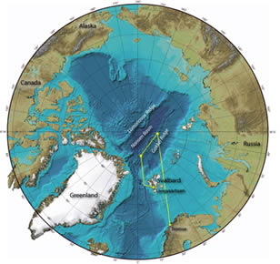 Map of the Arctic Ocean, looking down on the North Pole