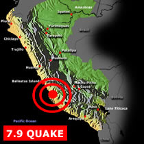 An evening earthquake struck off the coast of central Peru and killed at least 400 people and injured another 1,350.