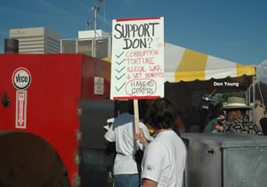 Young arrived about 2 1/2 hours late to his meet-and-greet salmon bake picnic held near the downtown area of Anchorage.